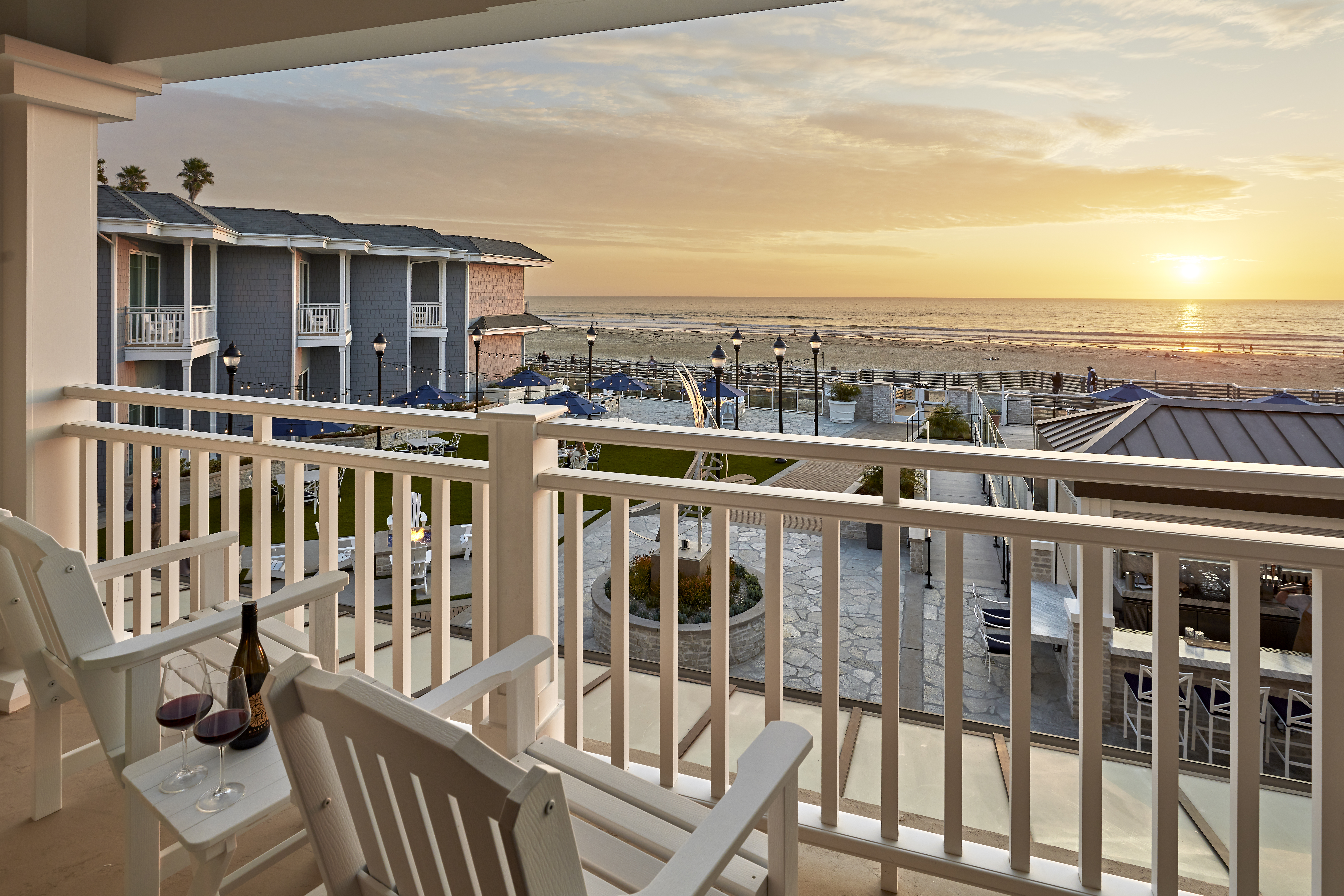 Sunset balcony views at Vespera Resort on Pismo Beach.