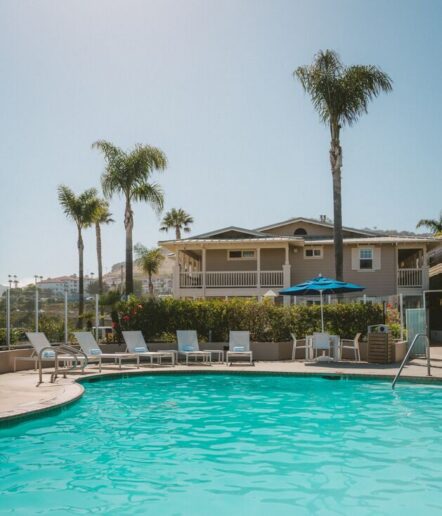 A swimming pool with lounge chairs and umbrellas, surrounded by palm trees. In the background, there is a two-story building and a clear blue sky.
