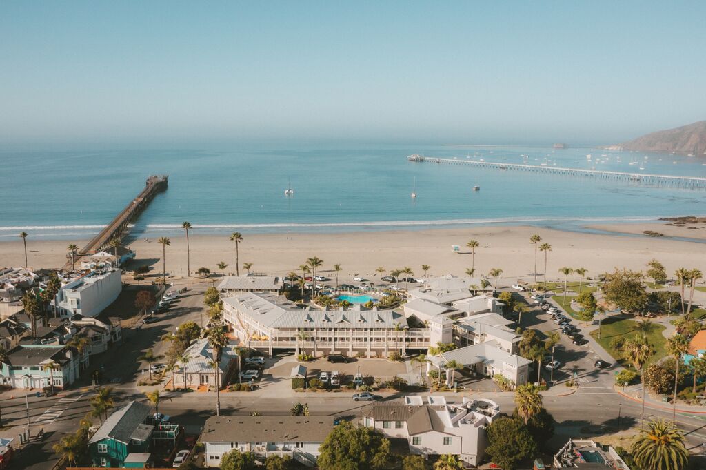 Aerial view of a beach town with a long pier extending into the ocean, palm trees, and buildings near the shore under a clear blue sky.