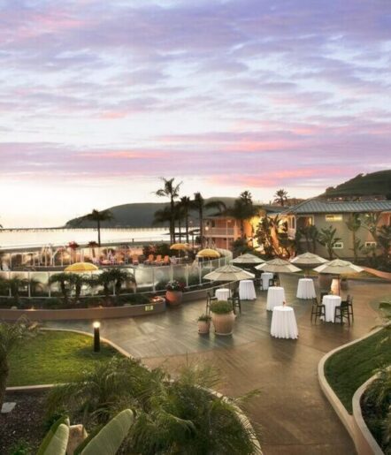 Outdoor patio at a beachside resort set up for an event, with cocktail tables, umbrellas, palm trees, ocean views, and a pink and purple sunset sky in the background.