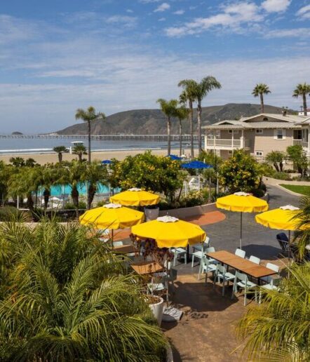 Outdoor dining area with yellow umbrellas, palm trees, and a pool overlooking a sandy beach and ocean pier, with hills in the background under a partly cloudy sky.