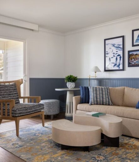 A cozy living room with a beige sofa, patterned chair, blue and white pillows, two modern coffee tables, framed wall art, a rug, a plant, a small round table, and a lamp, with sunlight streaming in from a glass door.